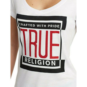 True Religion Women's Crystal Embellished True Brand Round V-Neck Tee T-Shirt